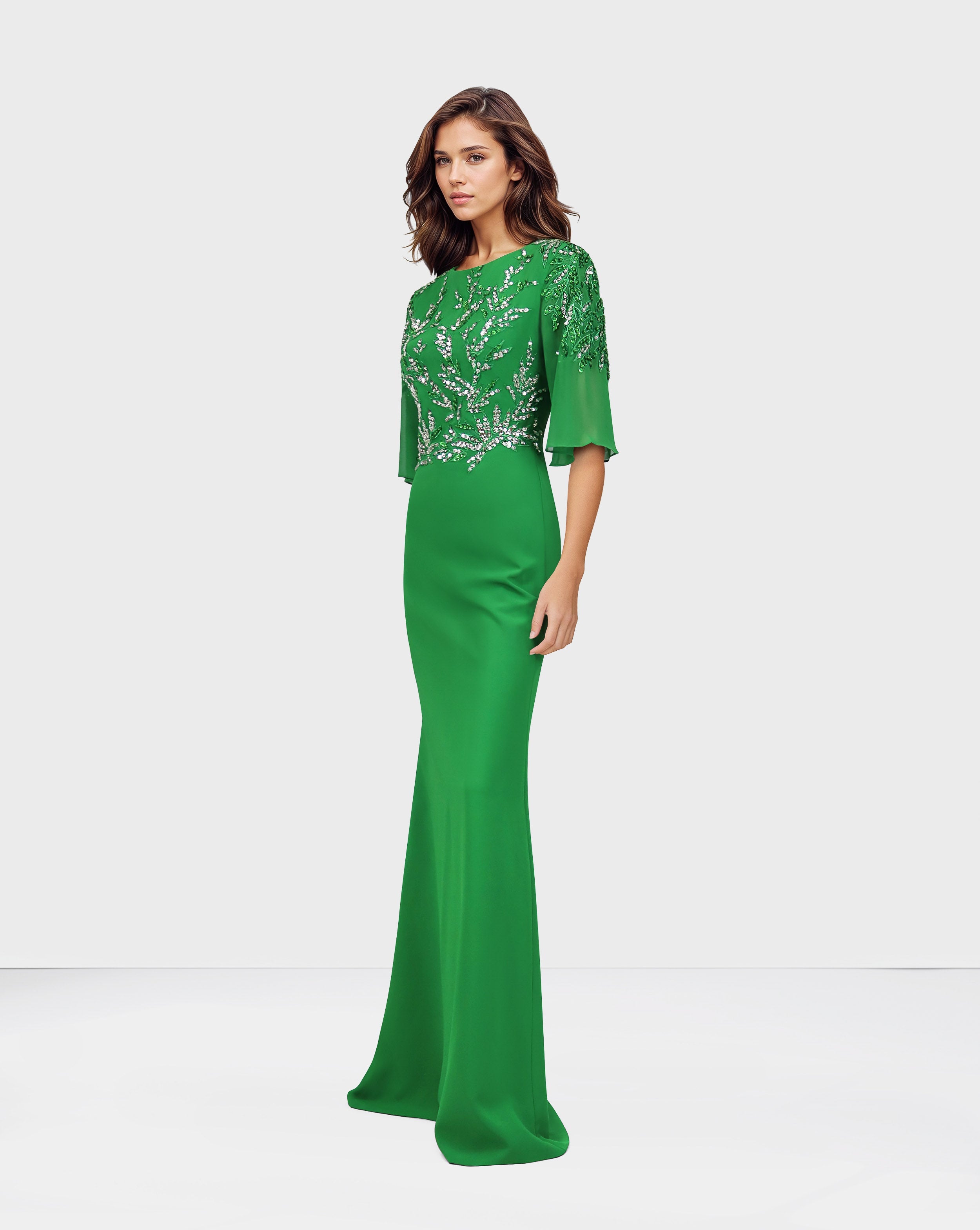 Sequined column dress with see-through/bell sleeves