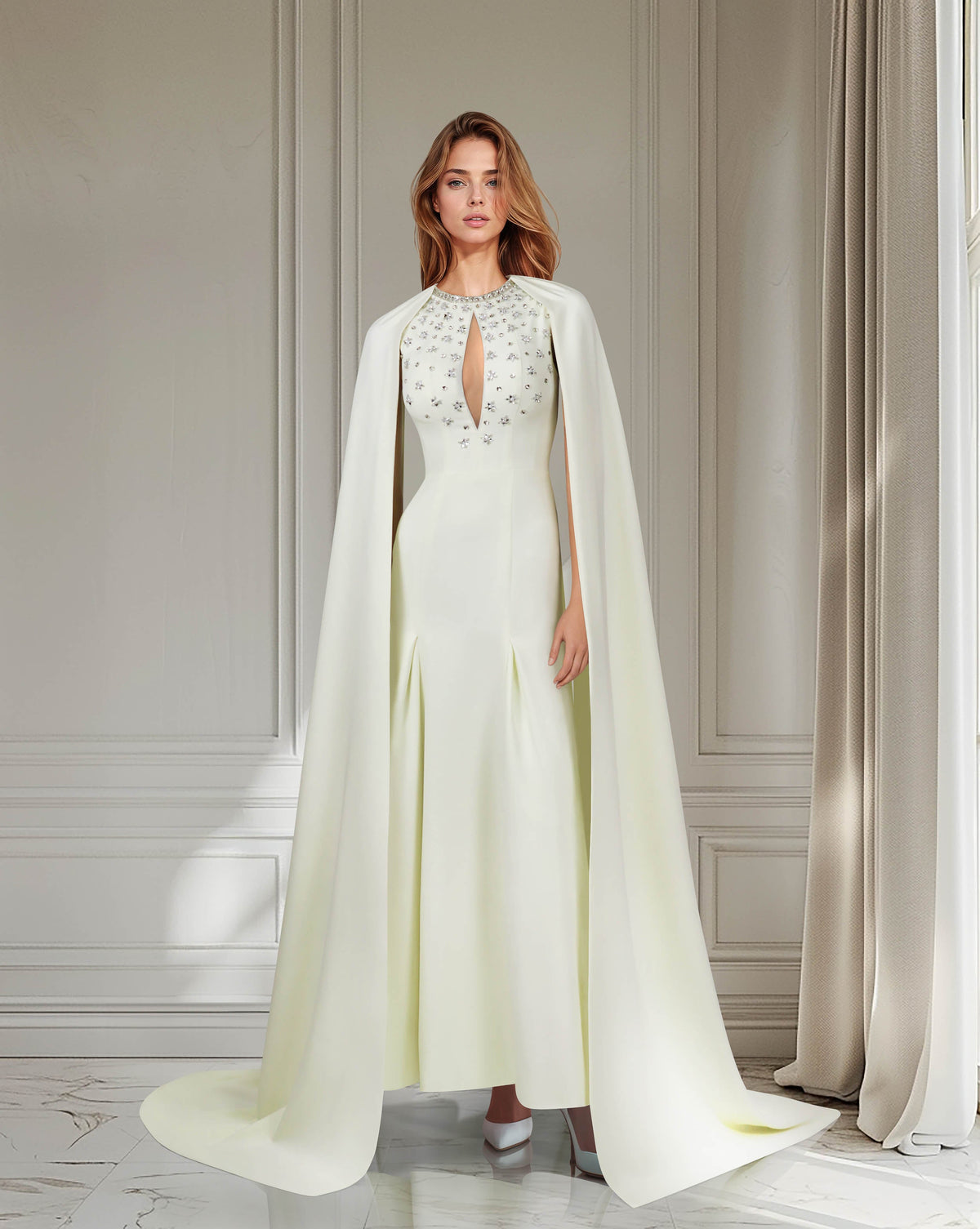 Beaded ivory dress with floor-length cape sleeves-Posy
