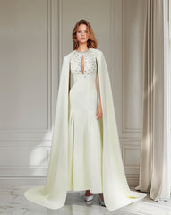 Beaded ivory dress with floor-length cape sleeves-Posy