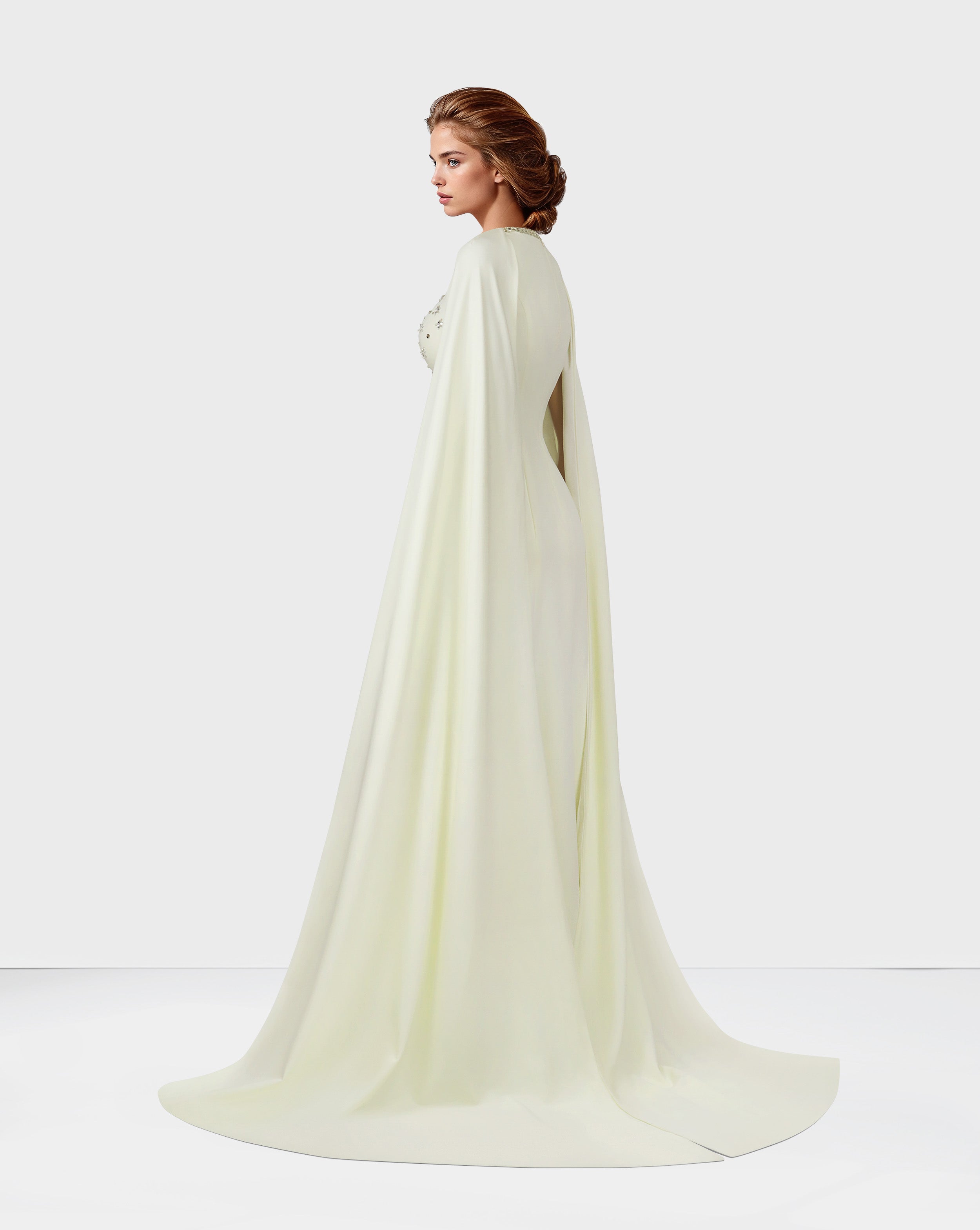 Beaded ivory dress with floor-length cape sleeves-Posy
