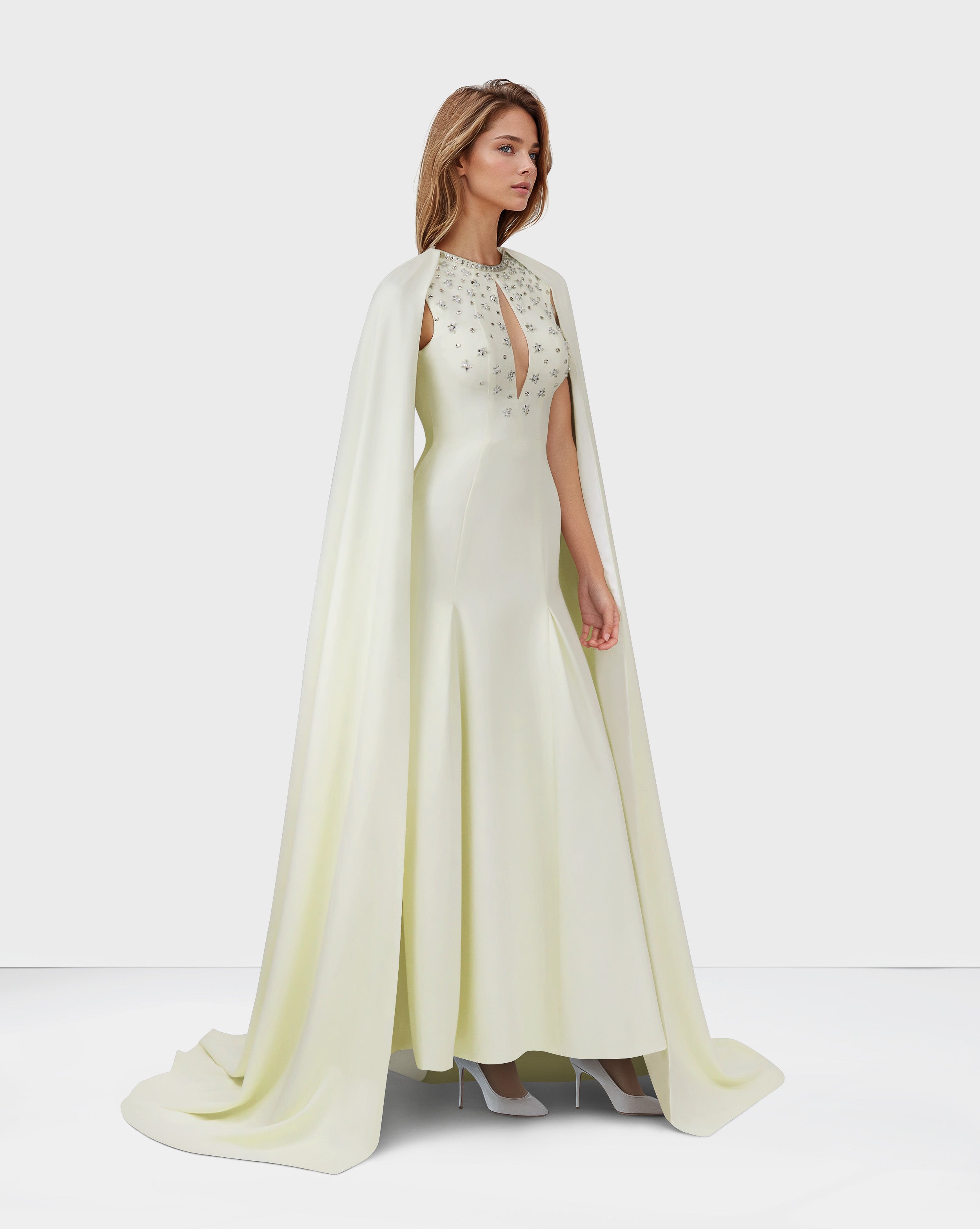 Beaded ivory dress with floor-length cape sleeves-Posy