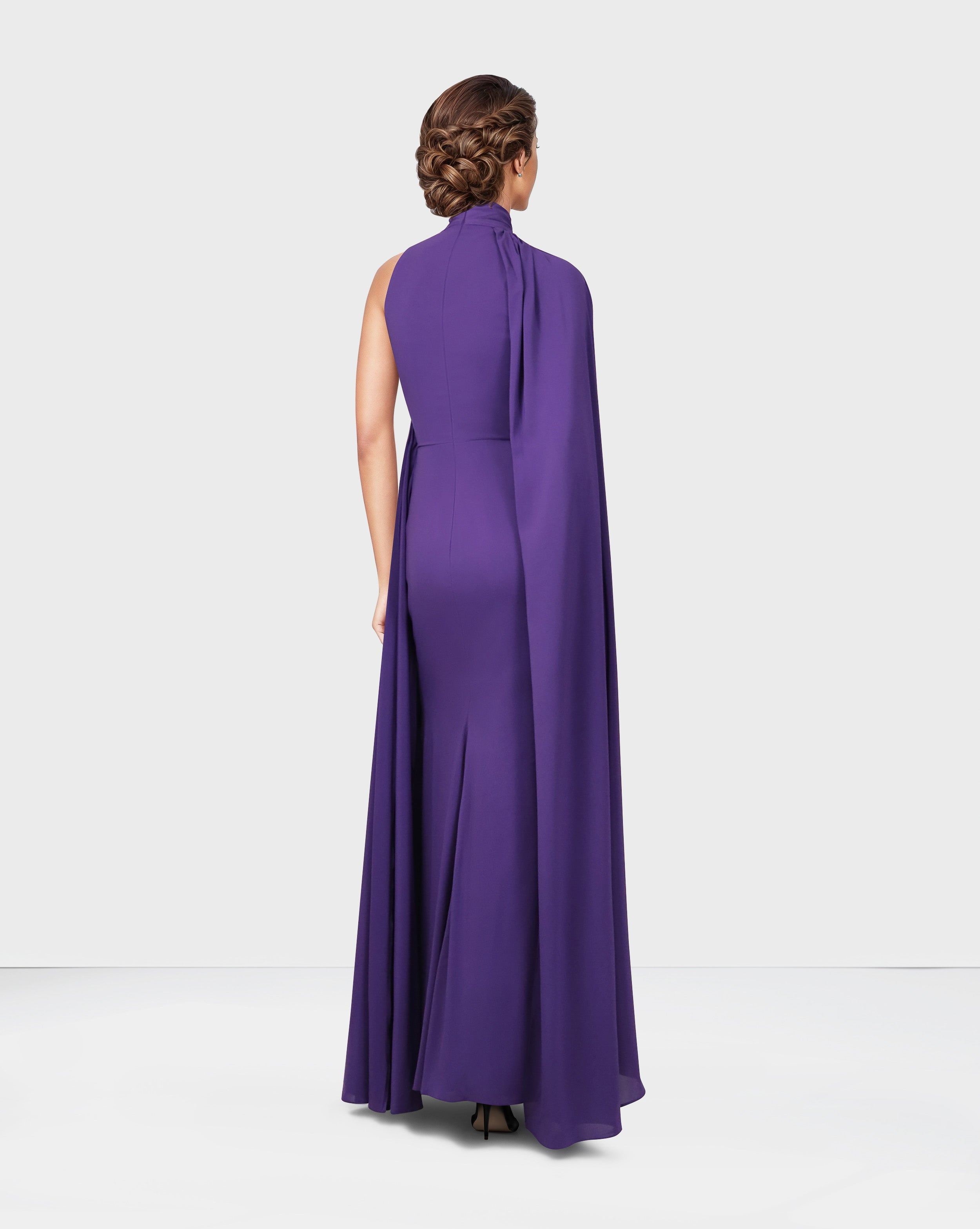 Draped shoulder off dress with cape sleeve-Tamador