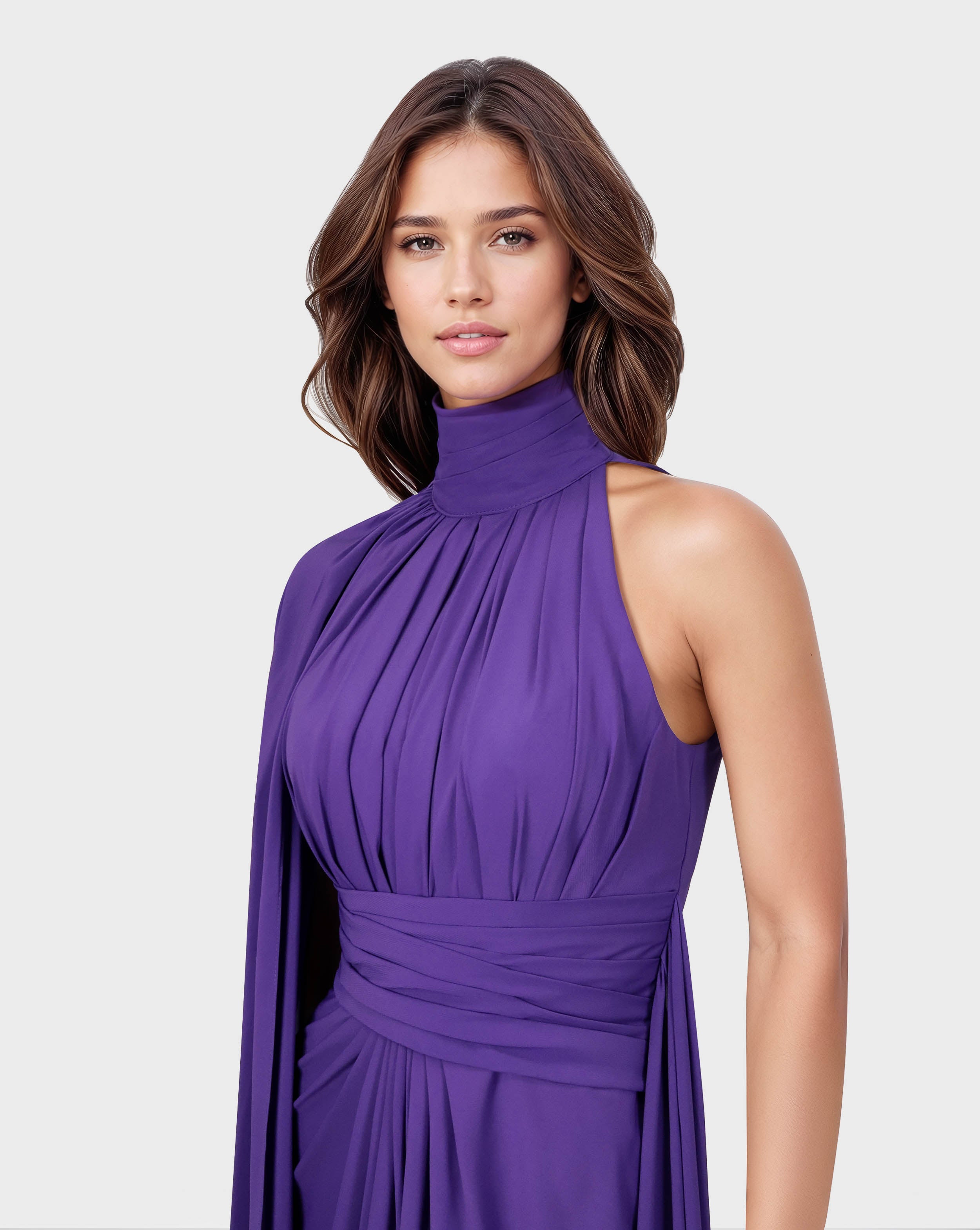 Draped shoulder off dress with cape sleeve-Tamador