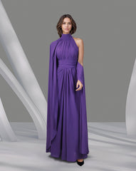 Draped shoulder off dress with cape sleeve-Tamador