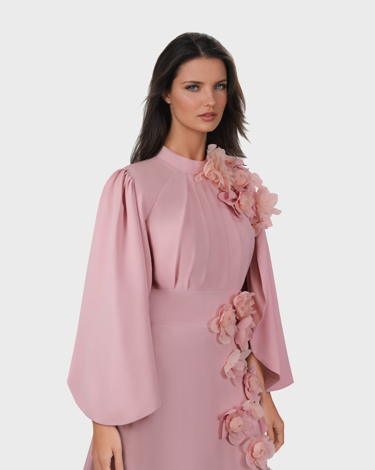 3D flowered maxi dress with cape sleeves-Trisha