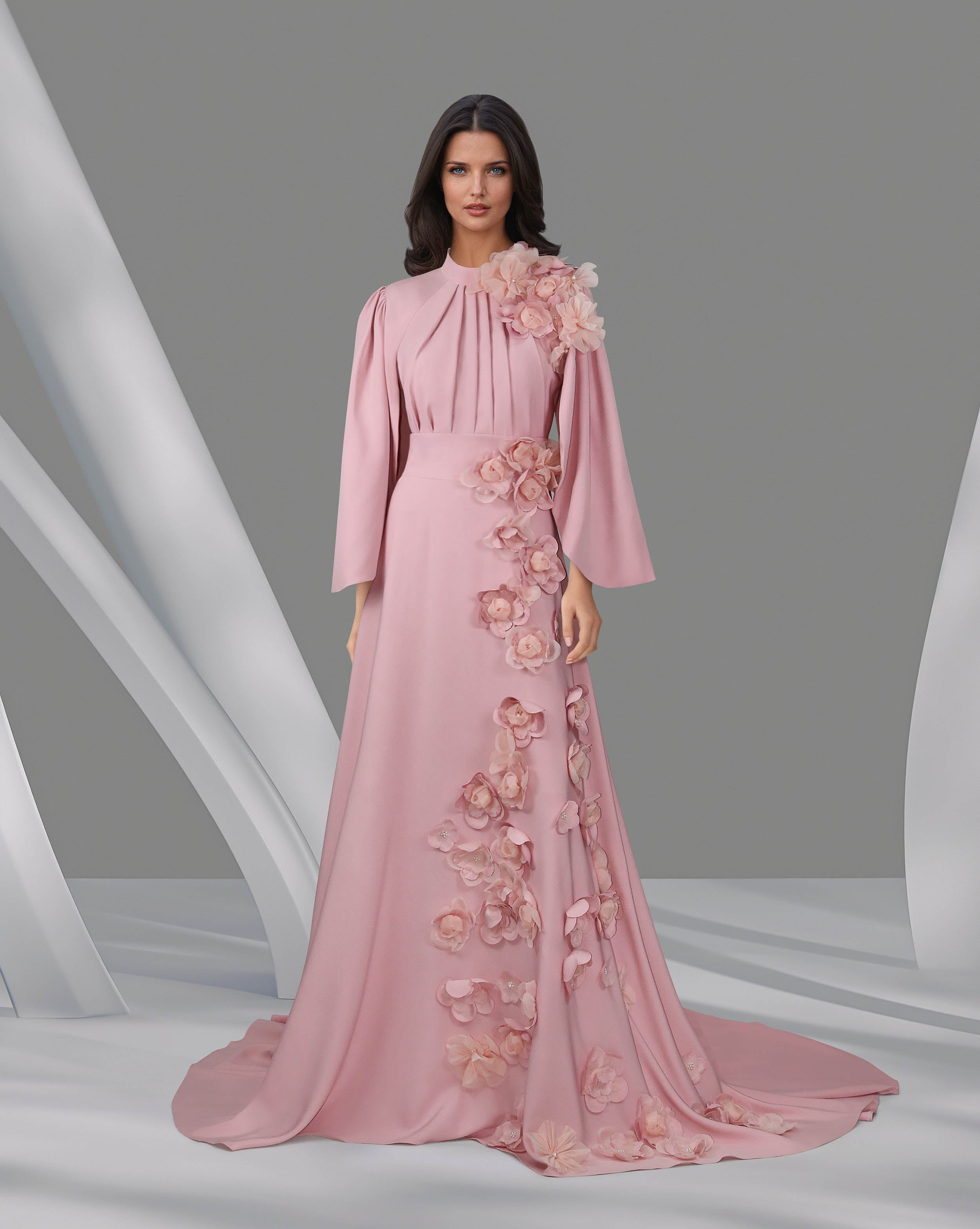 3D flowered maxi dress with cape sleeves-Trisha