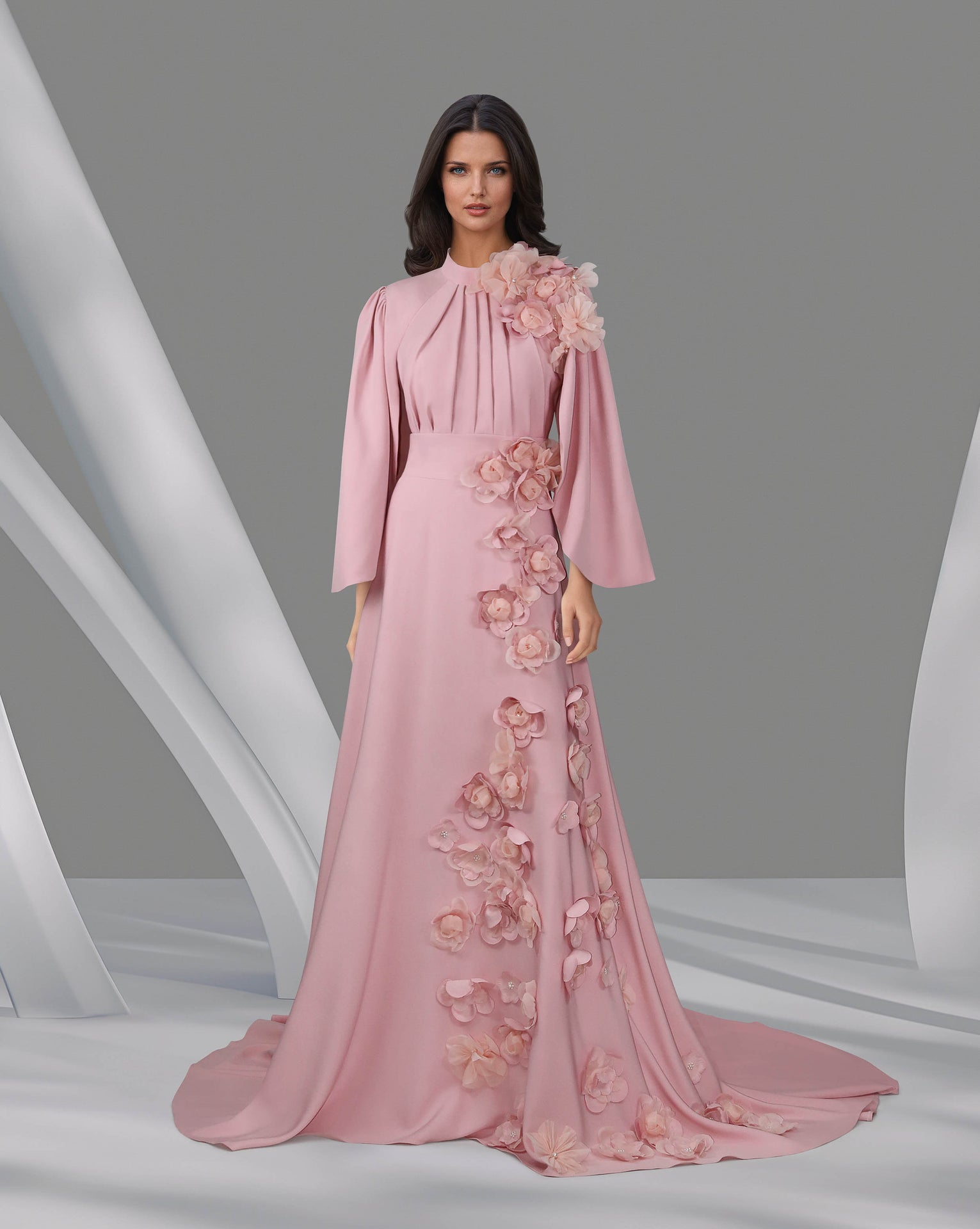 3D flowered maxi dress with cape sleeves-Trisha