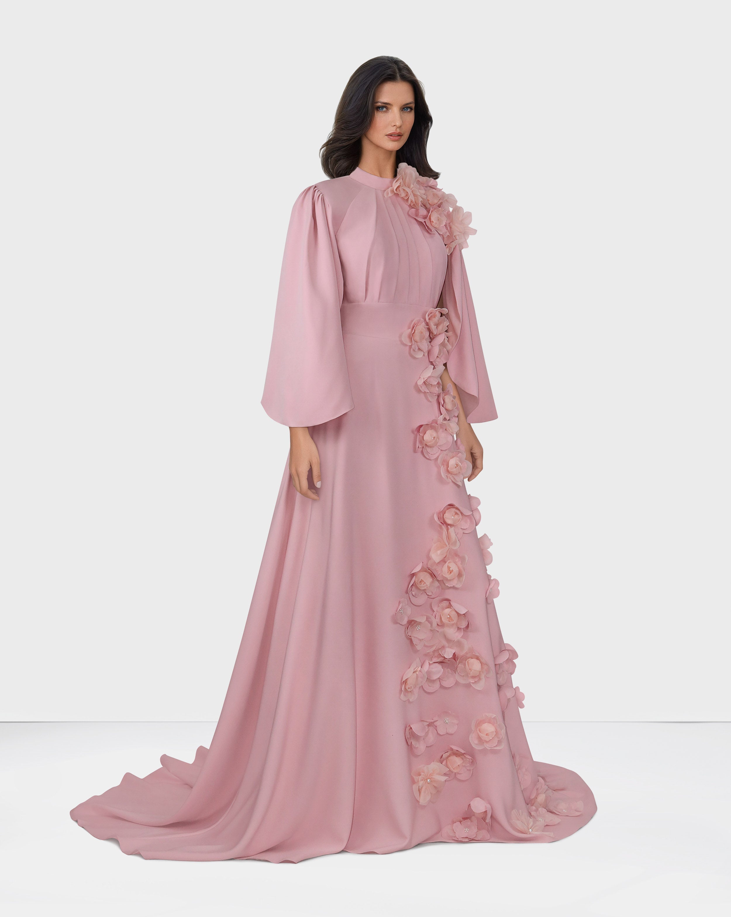 3D flowered maxi dress with cape sleeves-Trisha