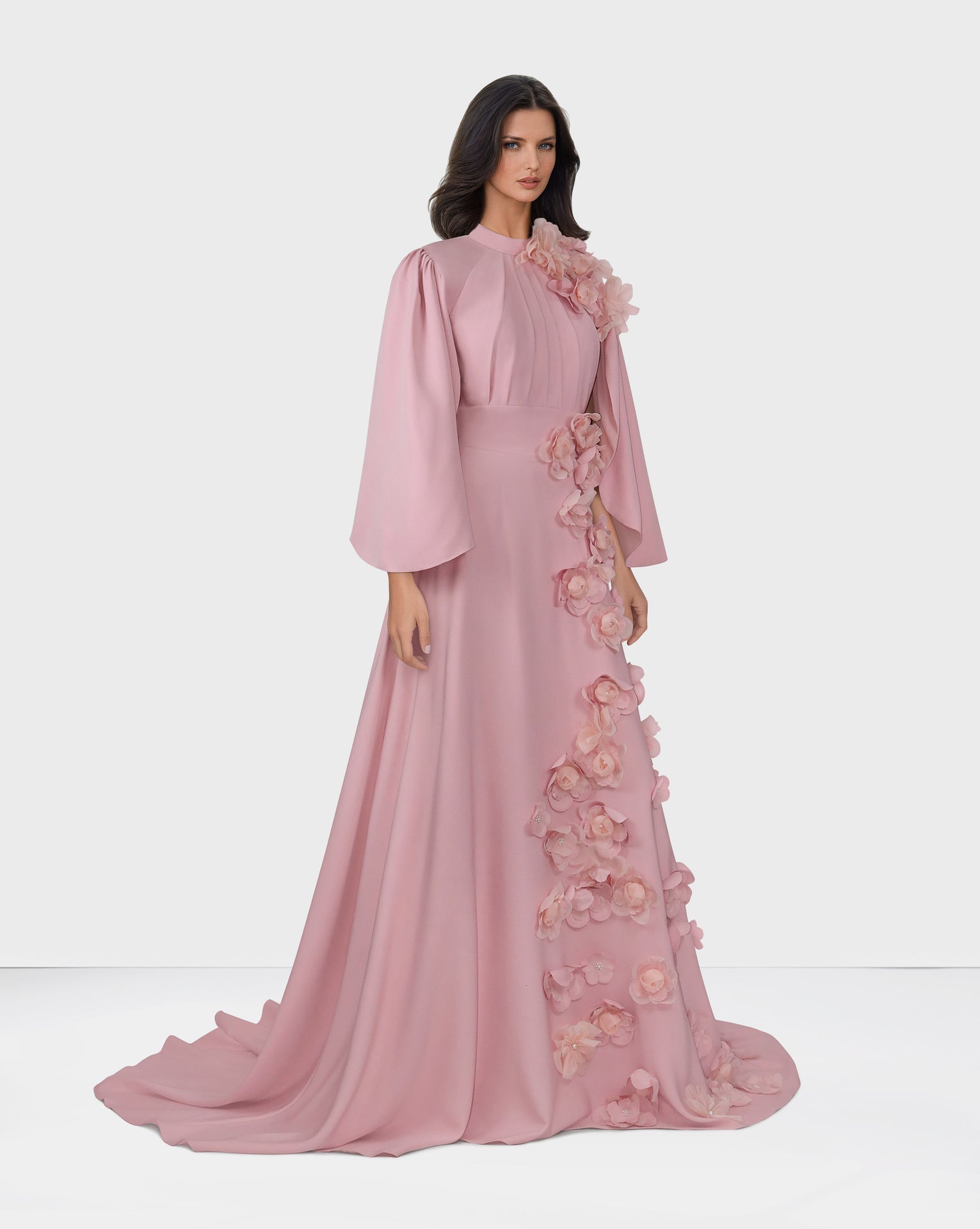 3D flowered maxi dress with cape sleeves-Trisha
