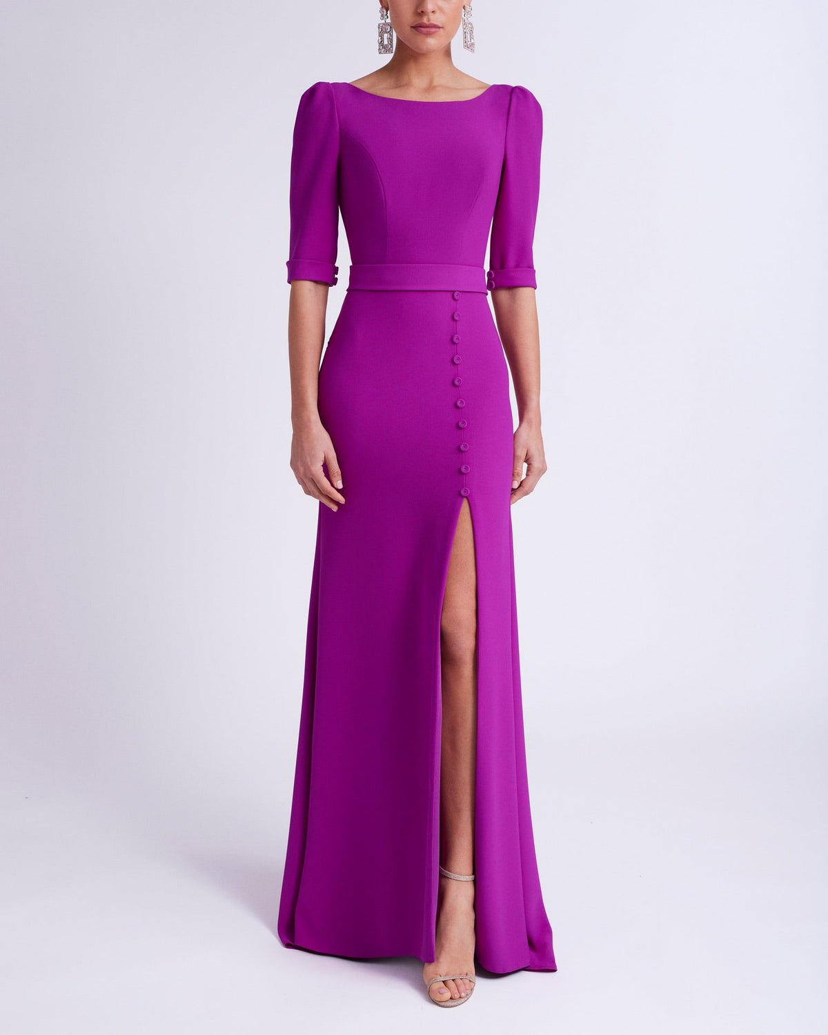 button-detailed slit gown – Zinovia