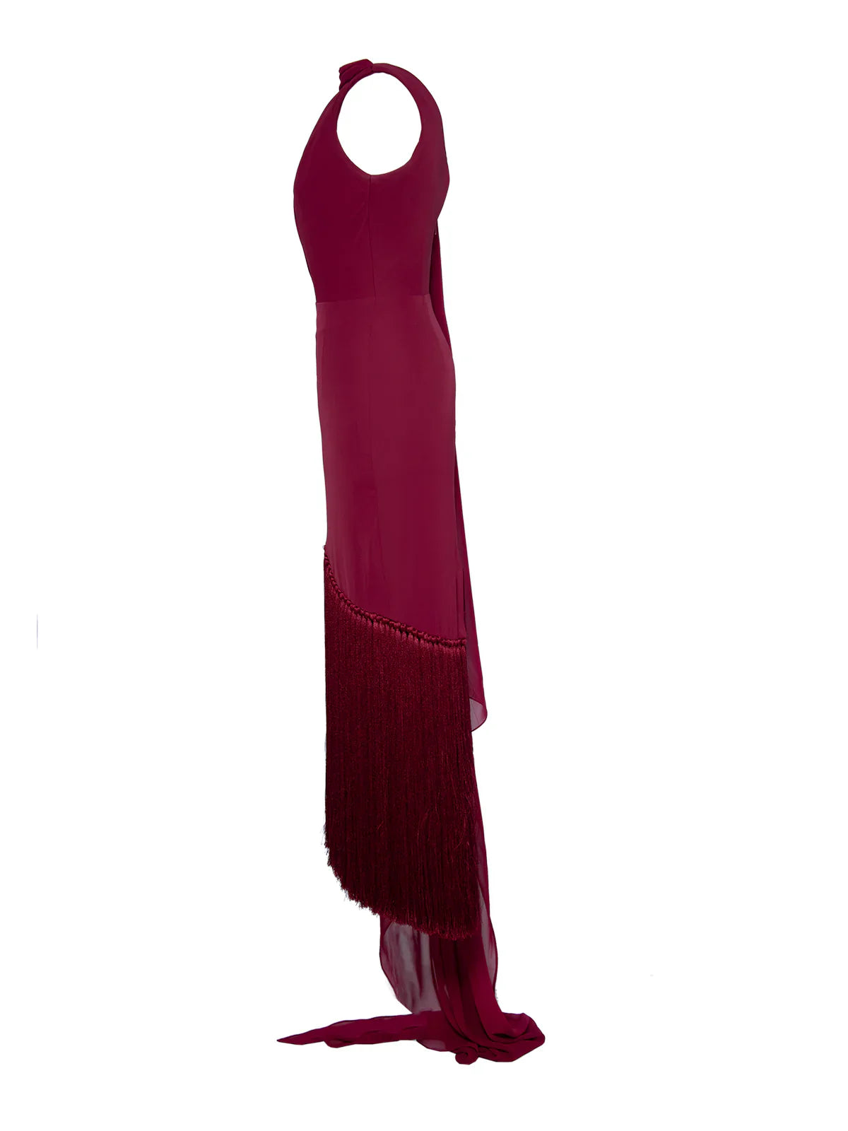 One-shoulder sheath dress with fringe hem and chiffon sash – RUBY