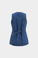 Denim Button Pocket Belted Tank Top And Shorts Set