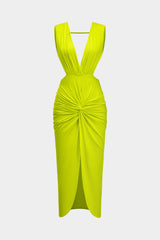 Ruched Twist Knot Backless Sleeveless Midi Dress