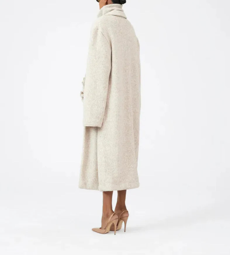 turtleneck knit top with maxi coat and ruffle detail - Logenh