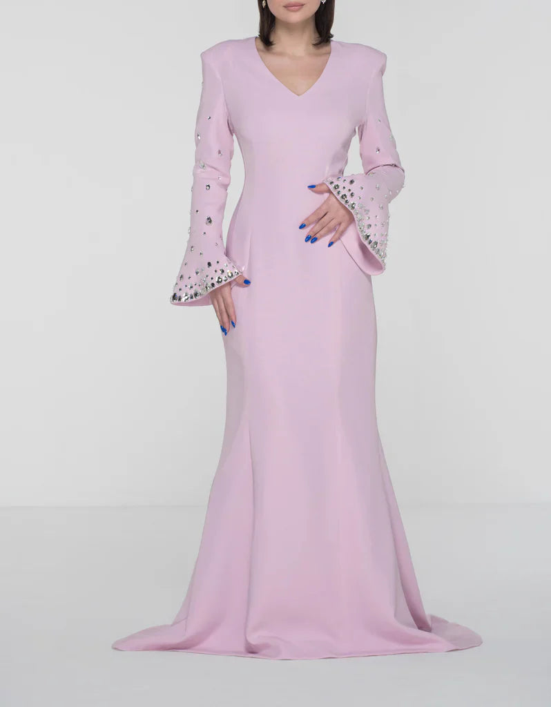 Pastel pink crepe with embroidered bell sleeves - Sofia