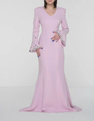 Pastel pink crepe with embroidered bell sleeves - Sofia