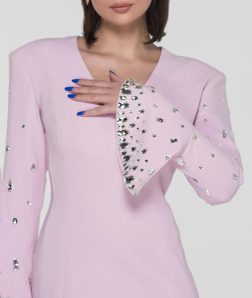 Pastel pink crepe with embroidered bell sleeves - Sofia