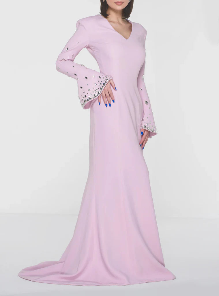 Pastel pink crepe with embroidered bell sleeves - Sofia