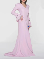 Pastel pink crepe with embroidered bell sleeves - Sofia