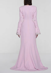 Pastel pink crepe with embroidered bell sleeves - Sofia