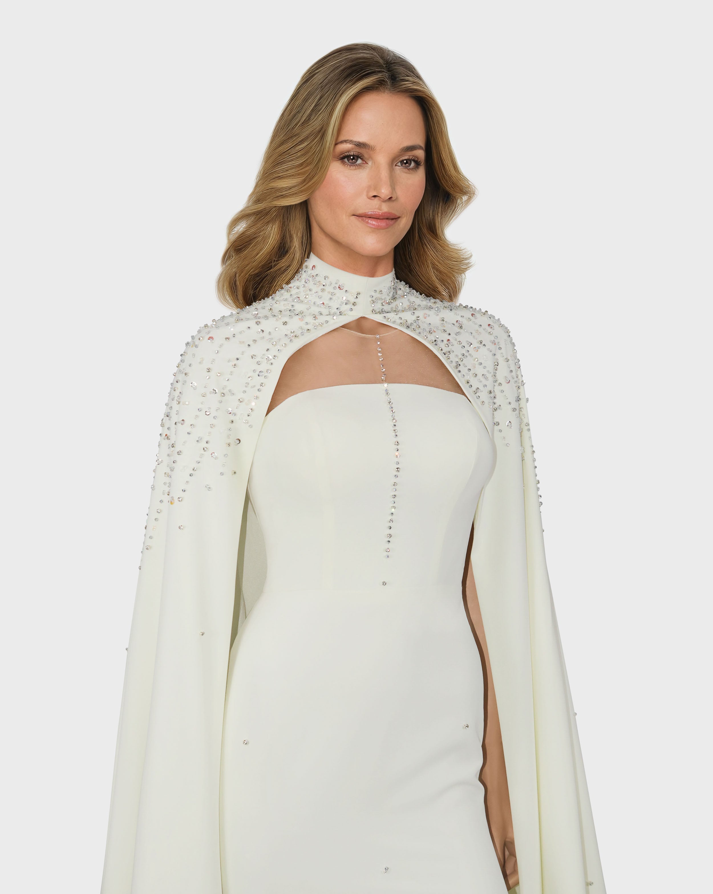 Beaded ivory column dress with high neck cape-Queenie