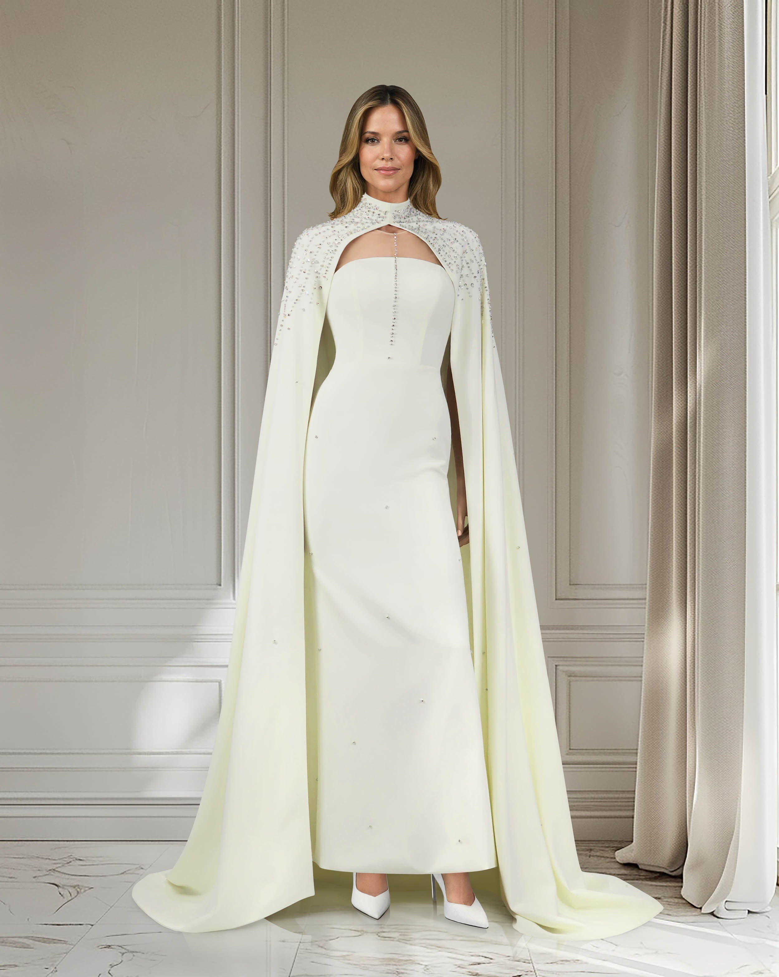 Beaded ivory column dress with high neck cape-Queenie