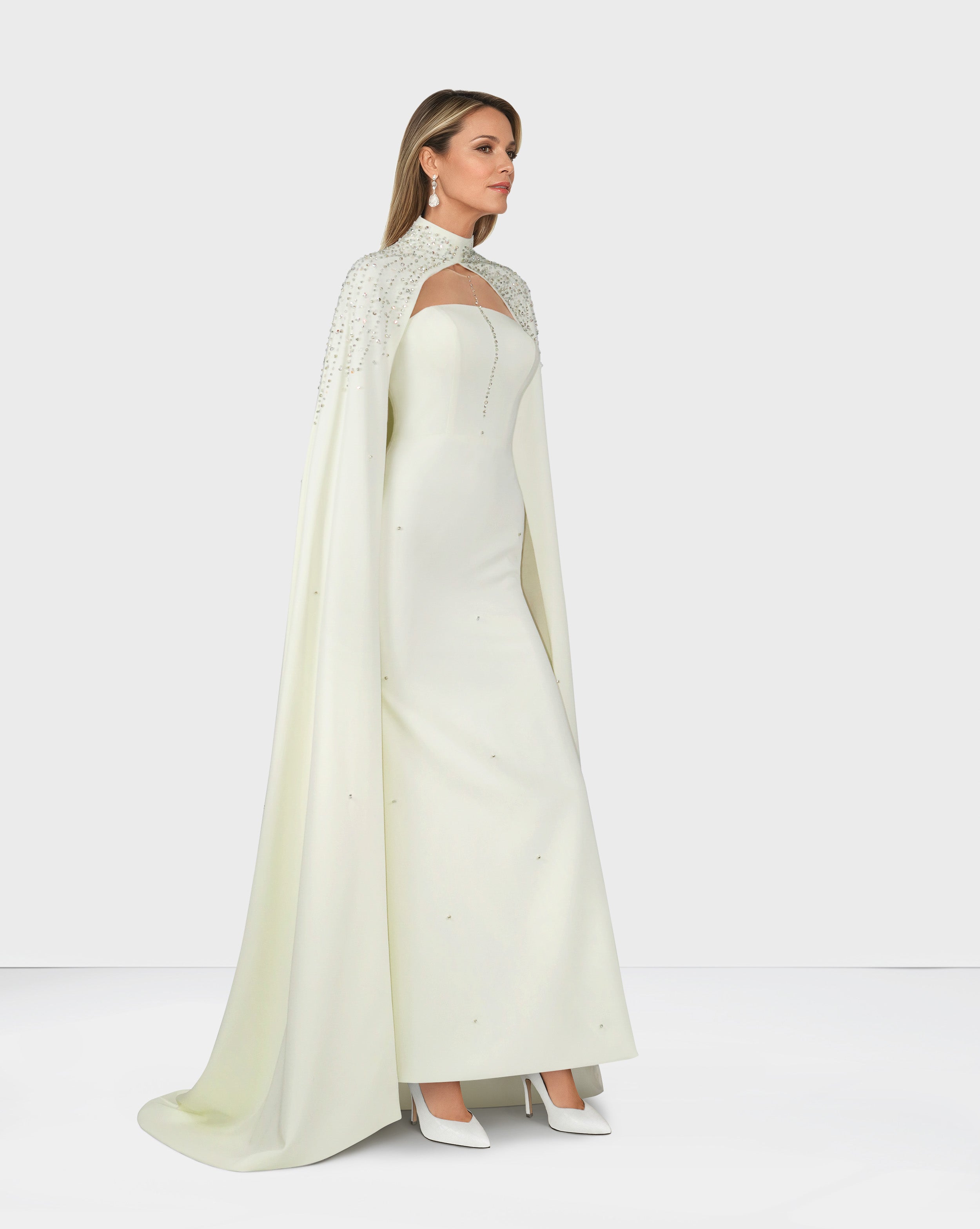 Beaded ivory column dress with high neck cape-Queenie