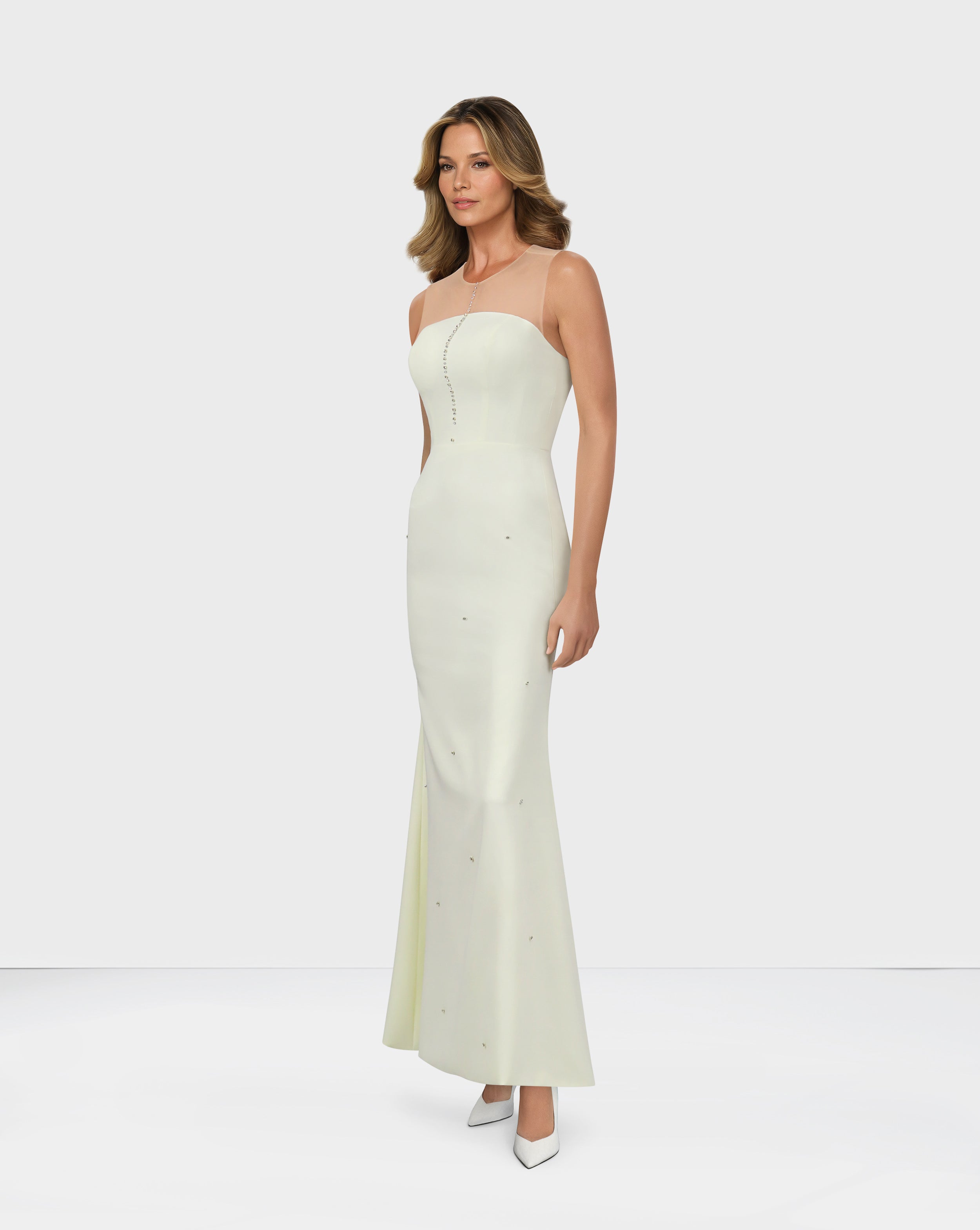 Beaded ivory column dress with high neck cape-Queenie