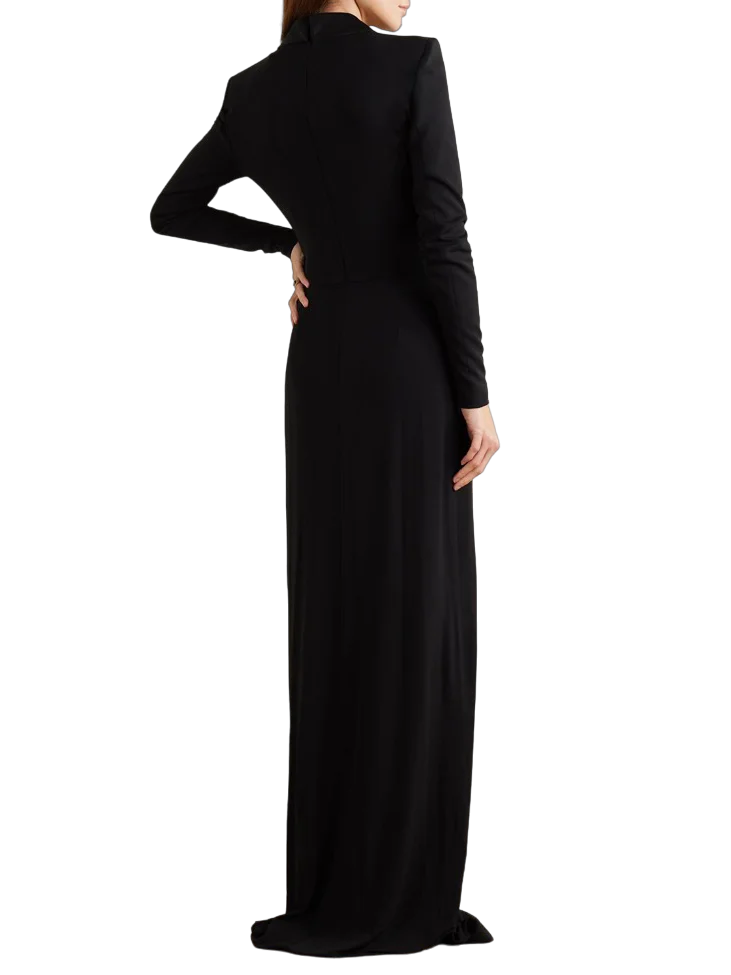 Plunging tuxedo gown with gathered waist – Zaydee