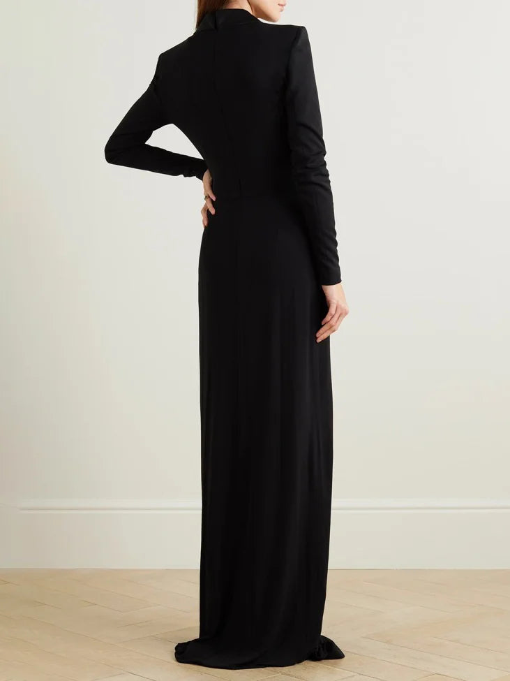 Plunging tuxedo gown with gathered waist – Zaydee