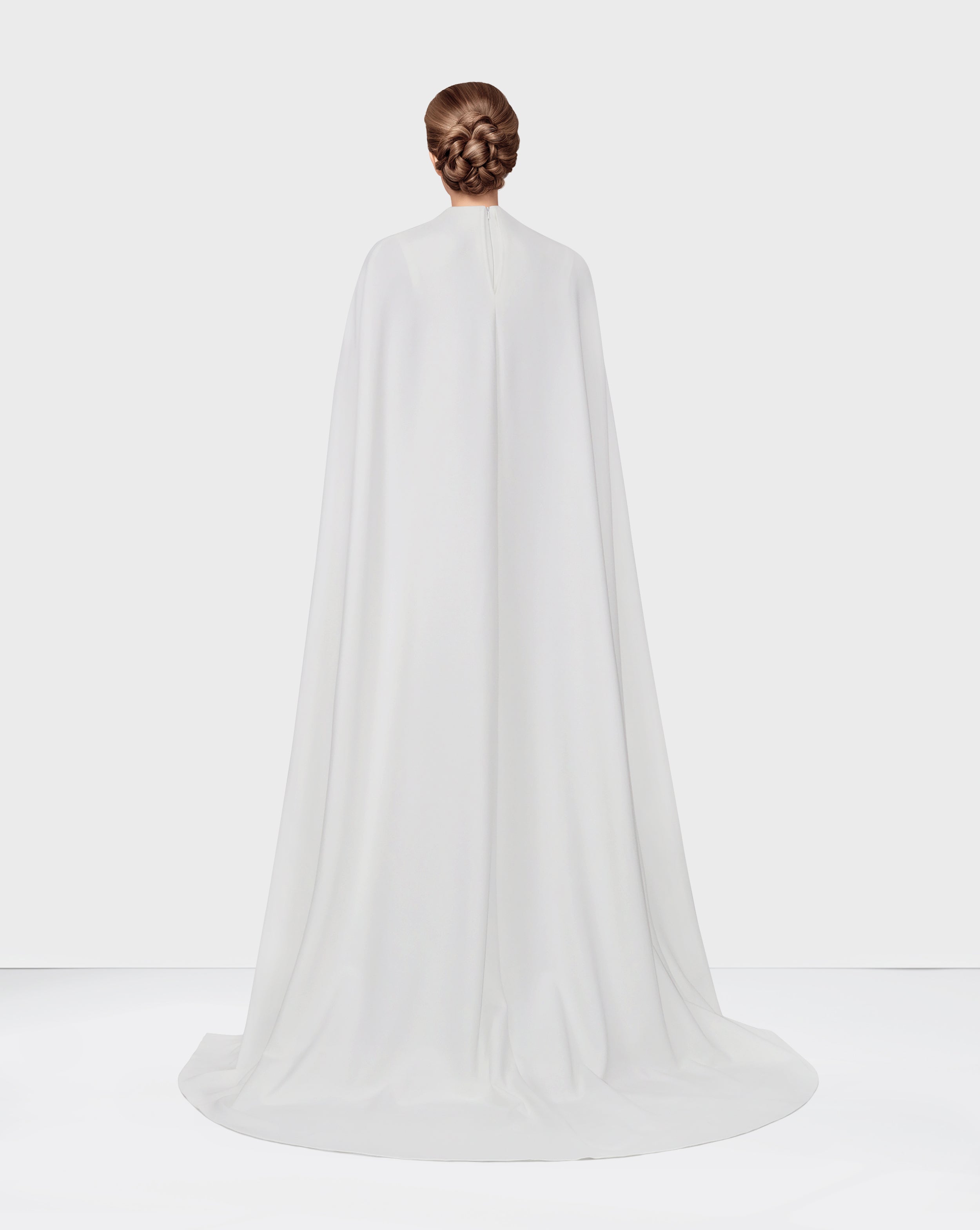 White belted dress with neckline and cape
