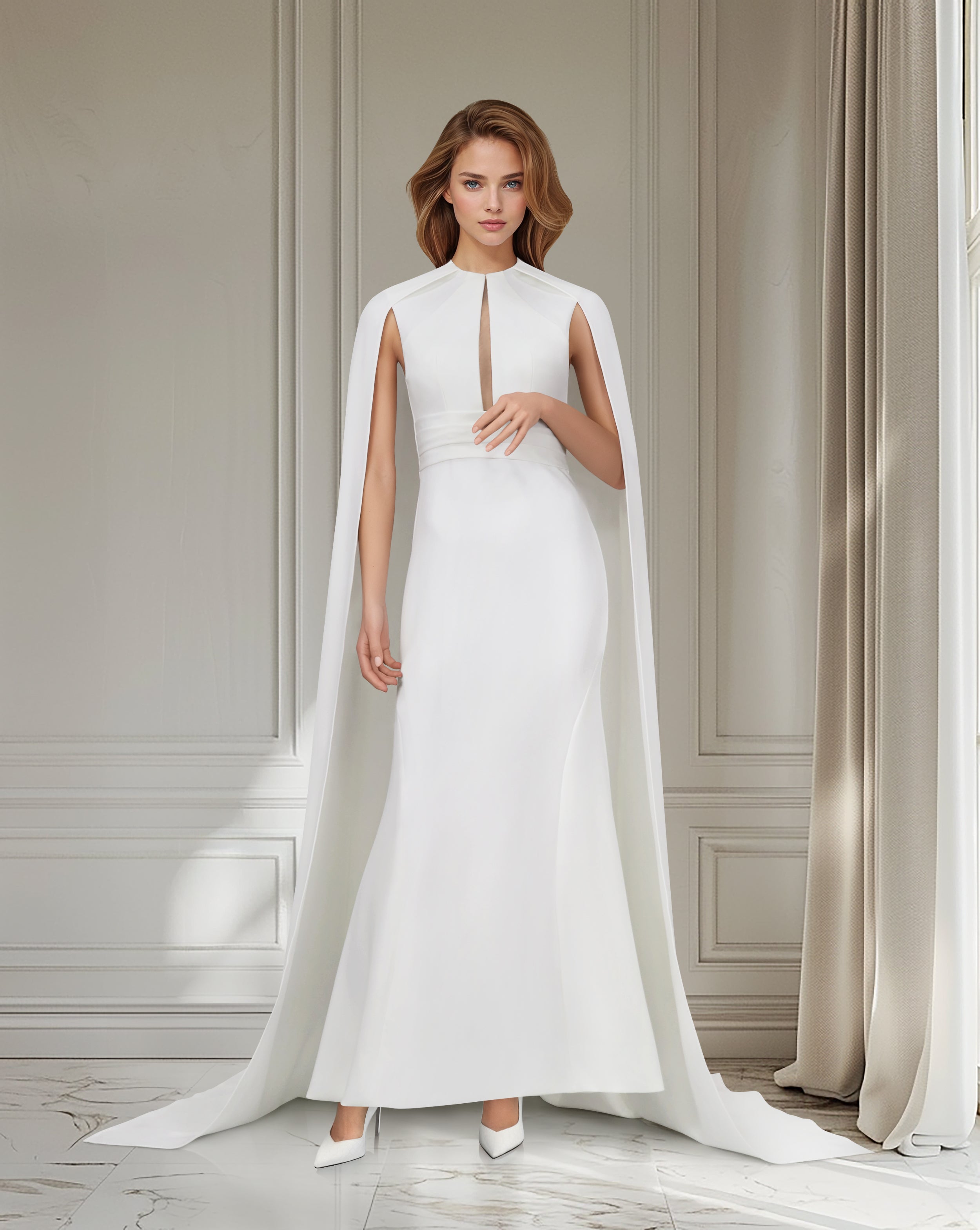White belted dress with neckline and cape