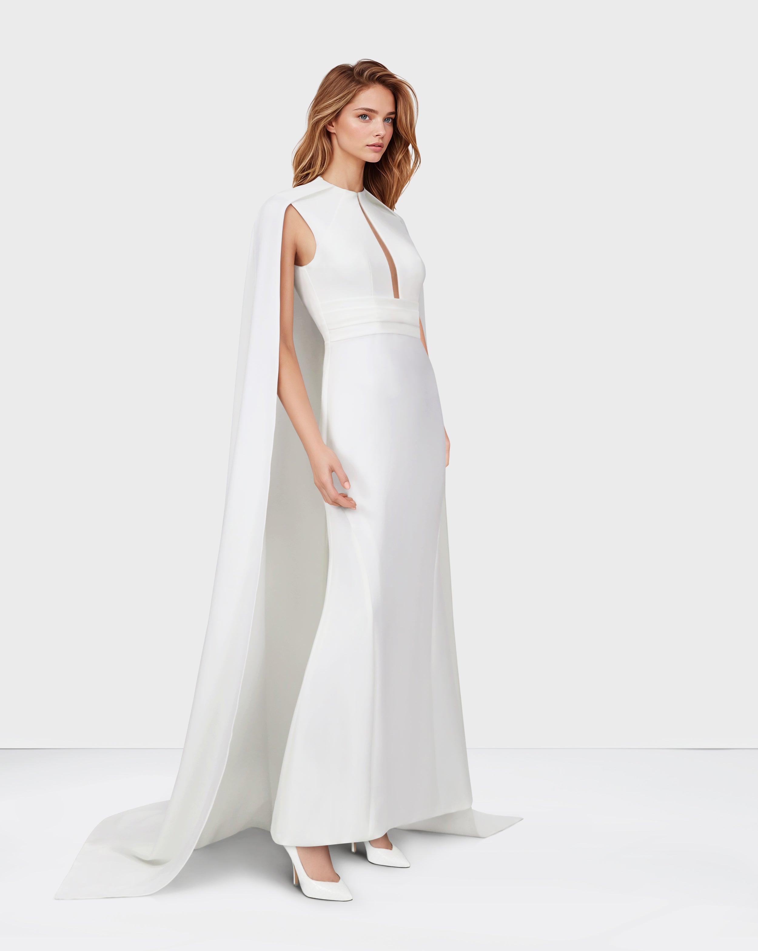 White belted dress with neckline and cape