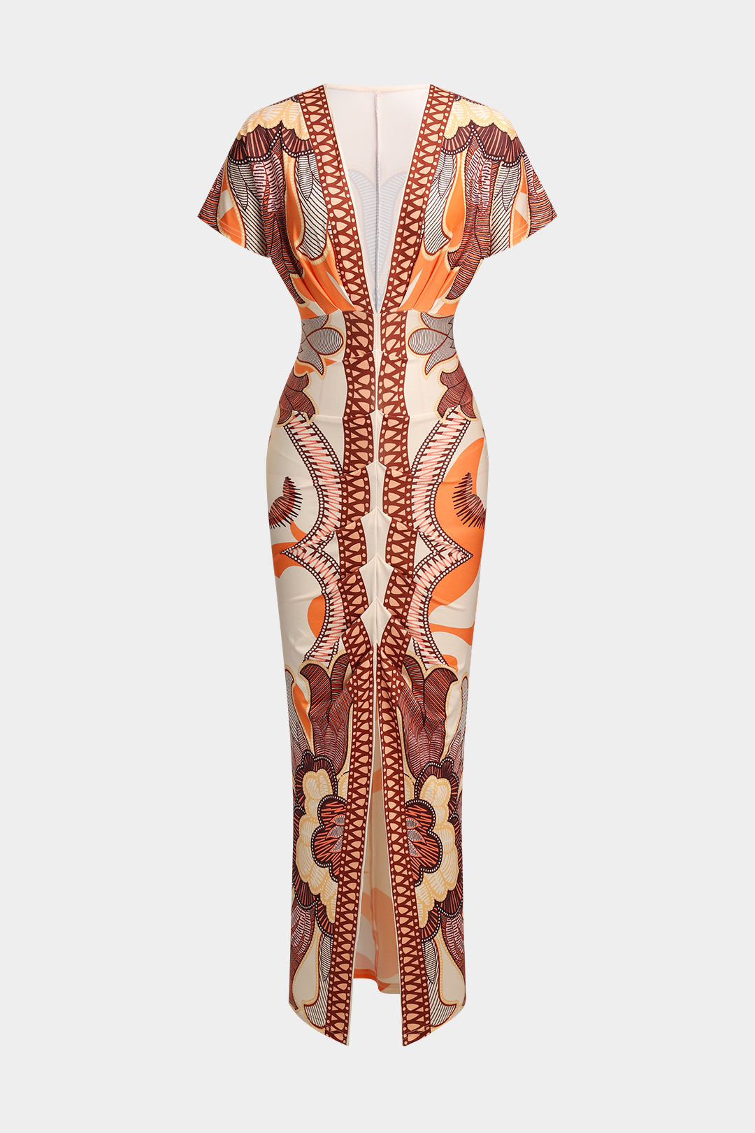 Geometric Leaves Print Ruched Short Sleeve Slit Midi Dress