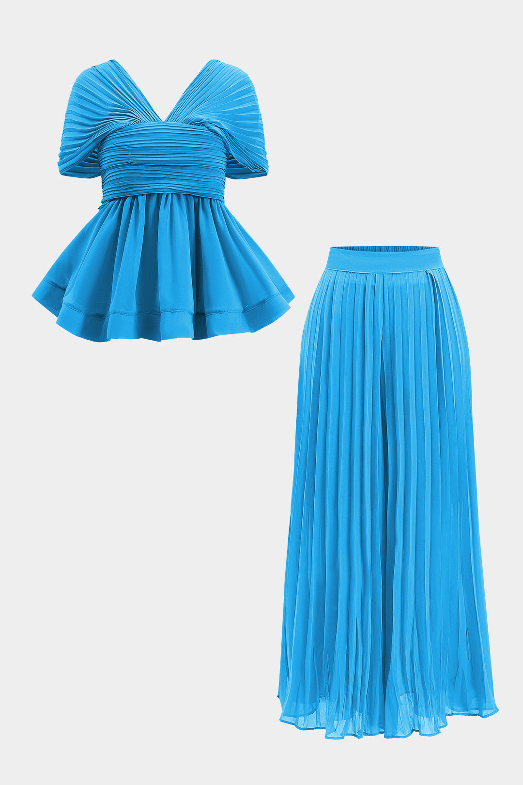 Chiffon Pleated Zipper Backless Mini Dress And Wide Leg Trousers Set