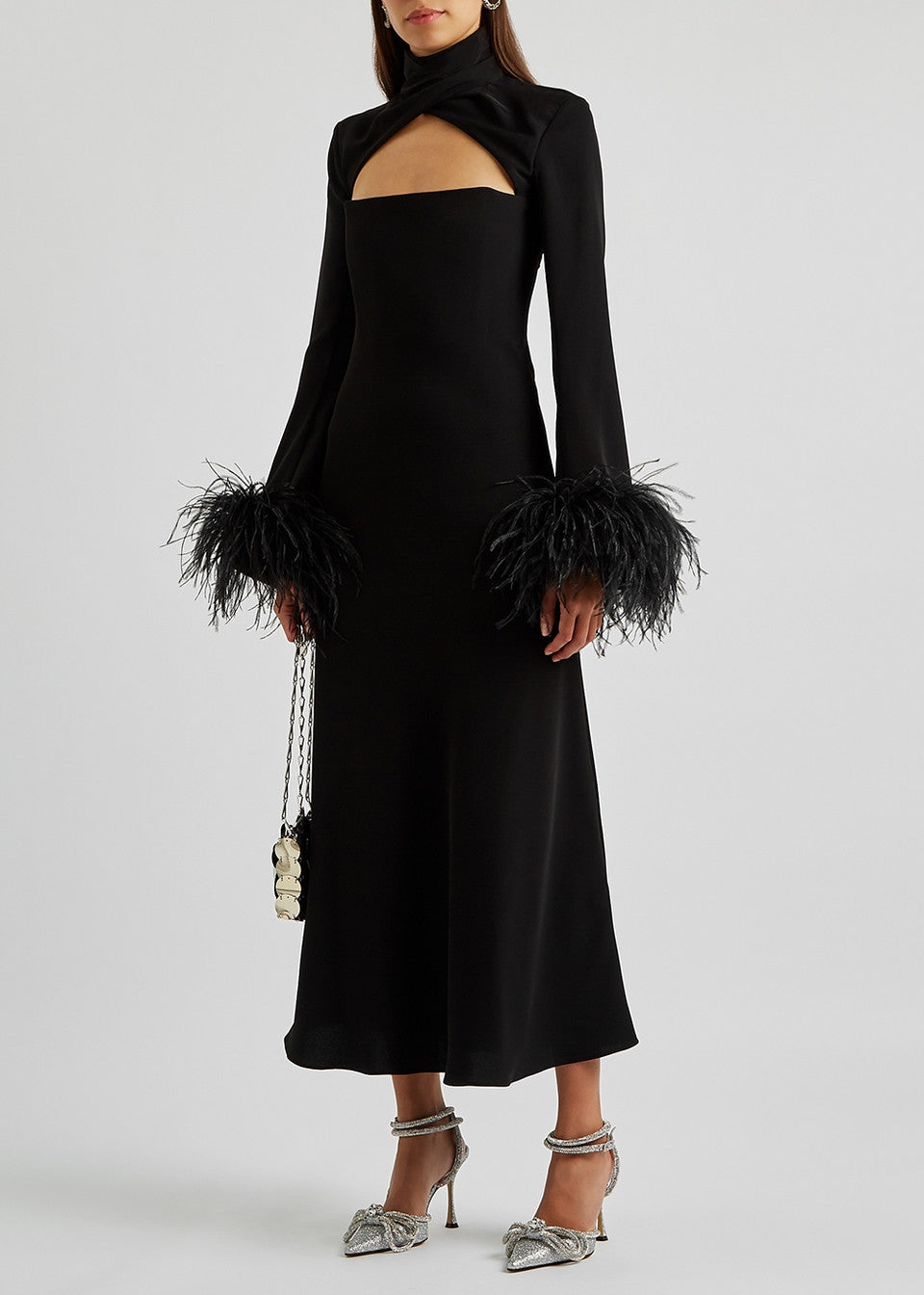 Cutout midi dress with feathered cuffs – Rovin
