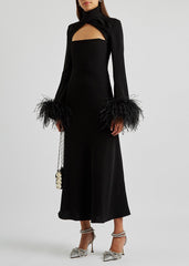 Cutout midi dress with feathered cuffs – Rovin