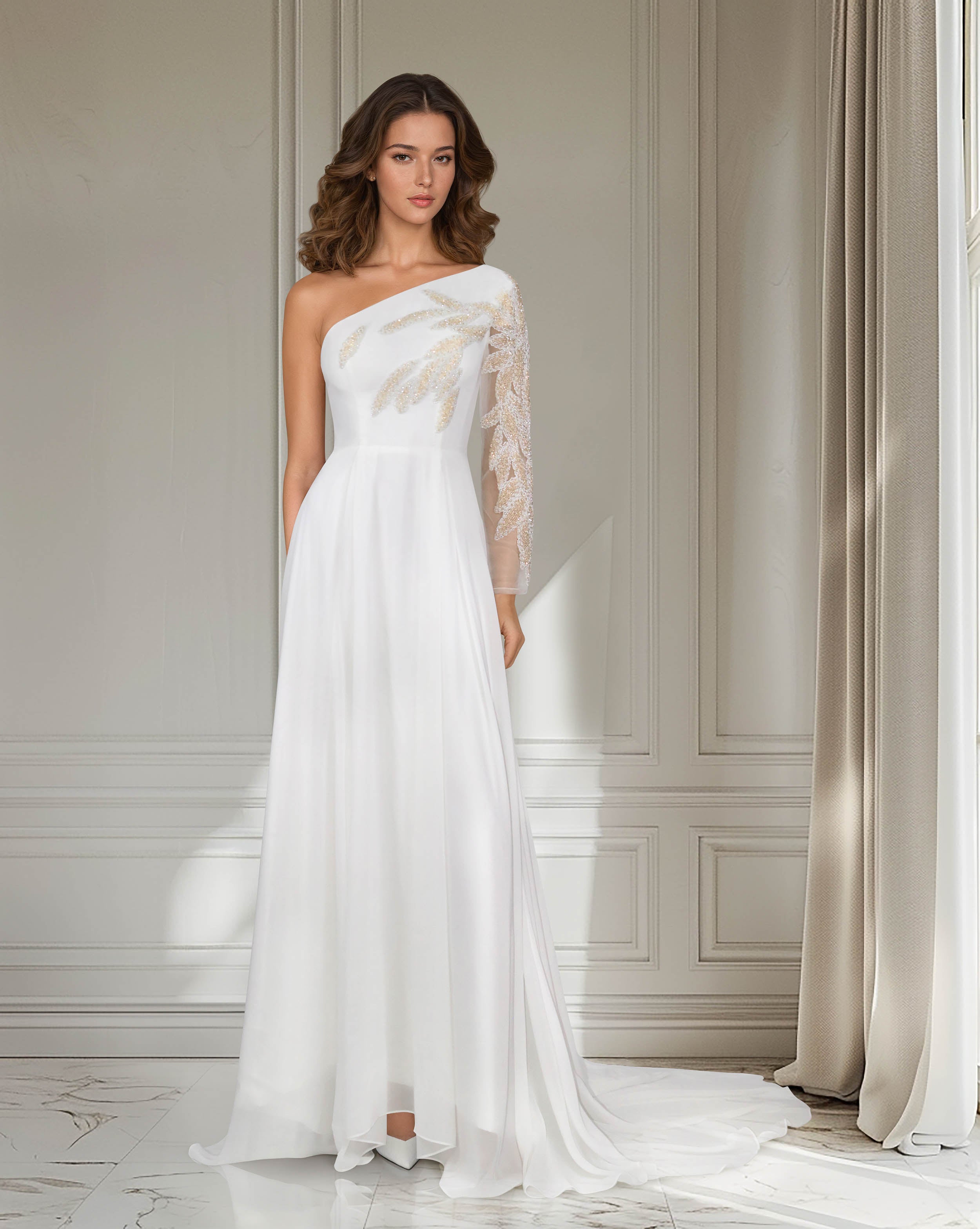 shoulder off wedding dress with beaded sleeve