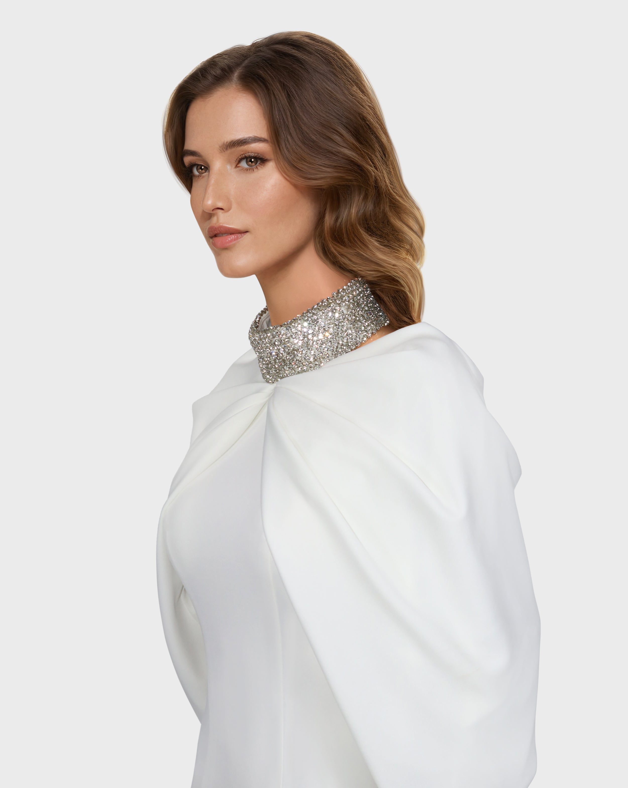 Beaded collar dress with shoulders cape-Selby