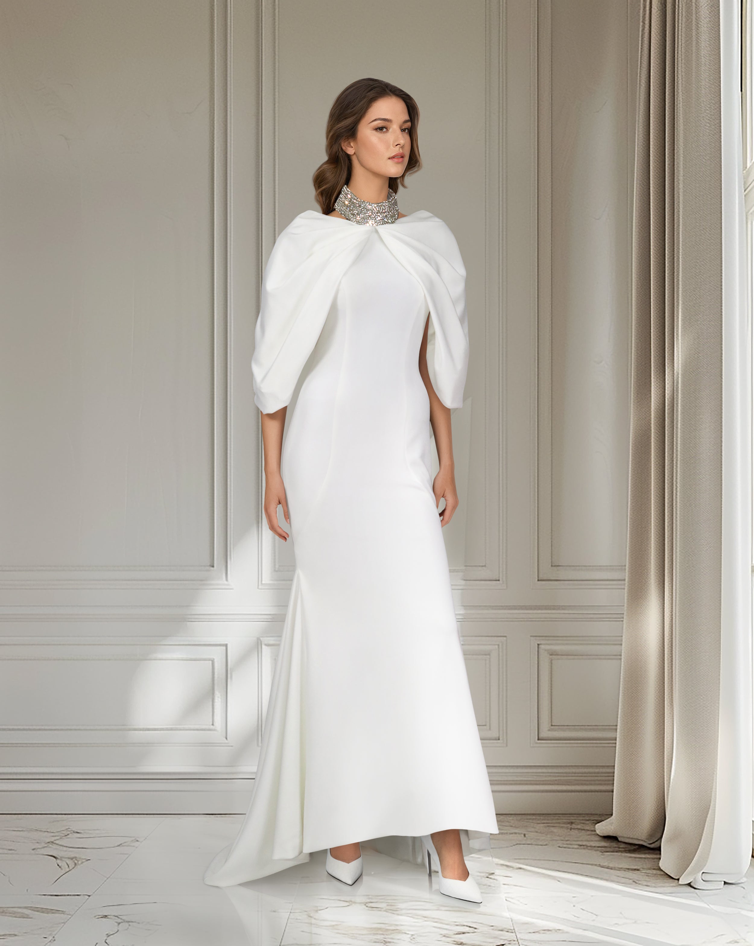 Beaded collar dress with shoulders cape-Selby