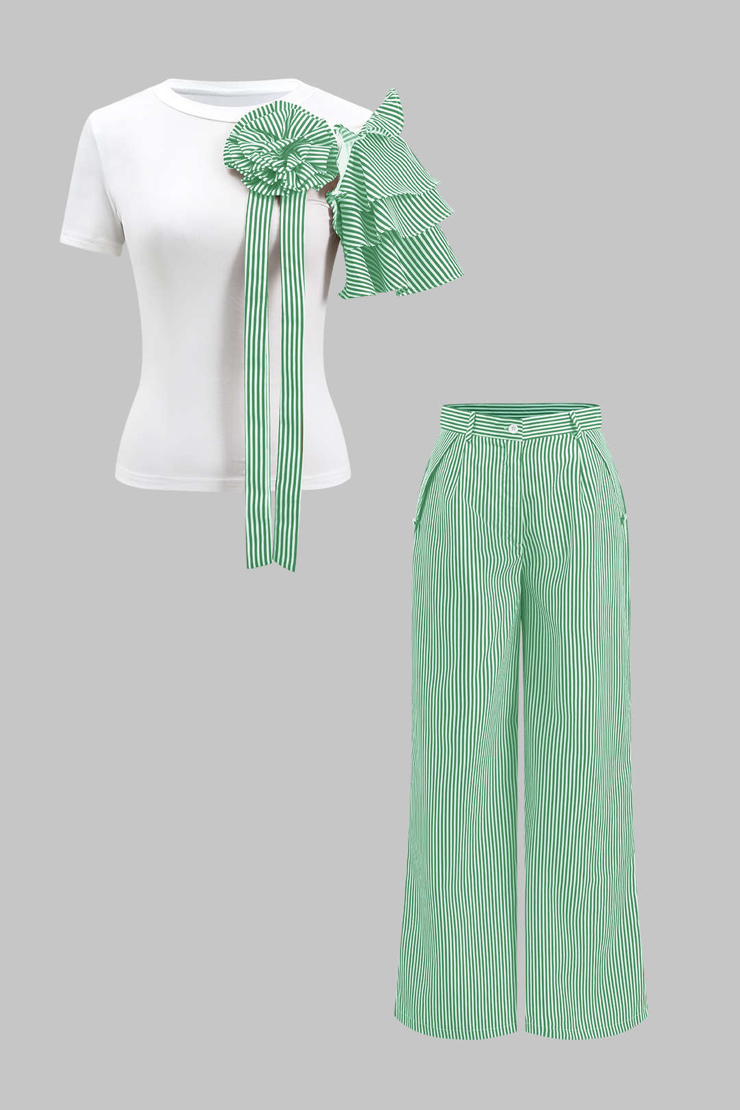 Stripe Print 3D Floral Short Sleeve Top And Button Wide Leg Trousers Set