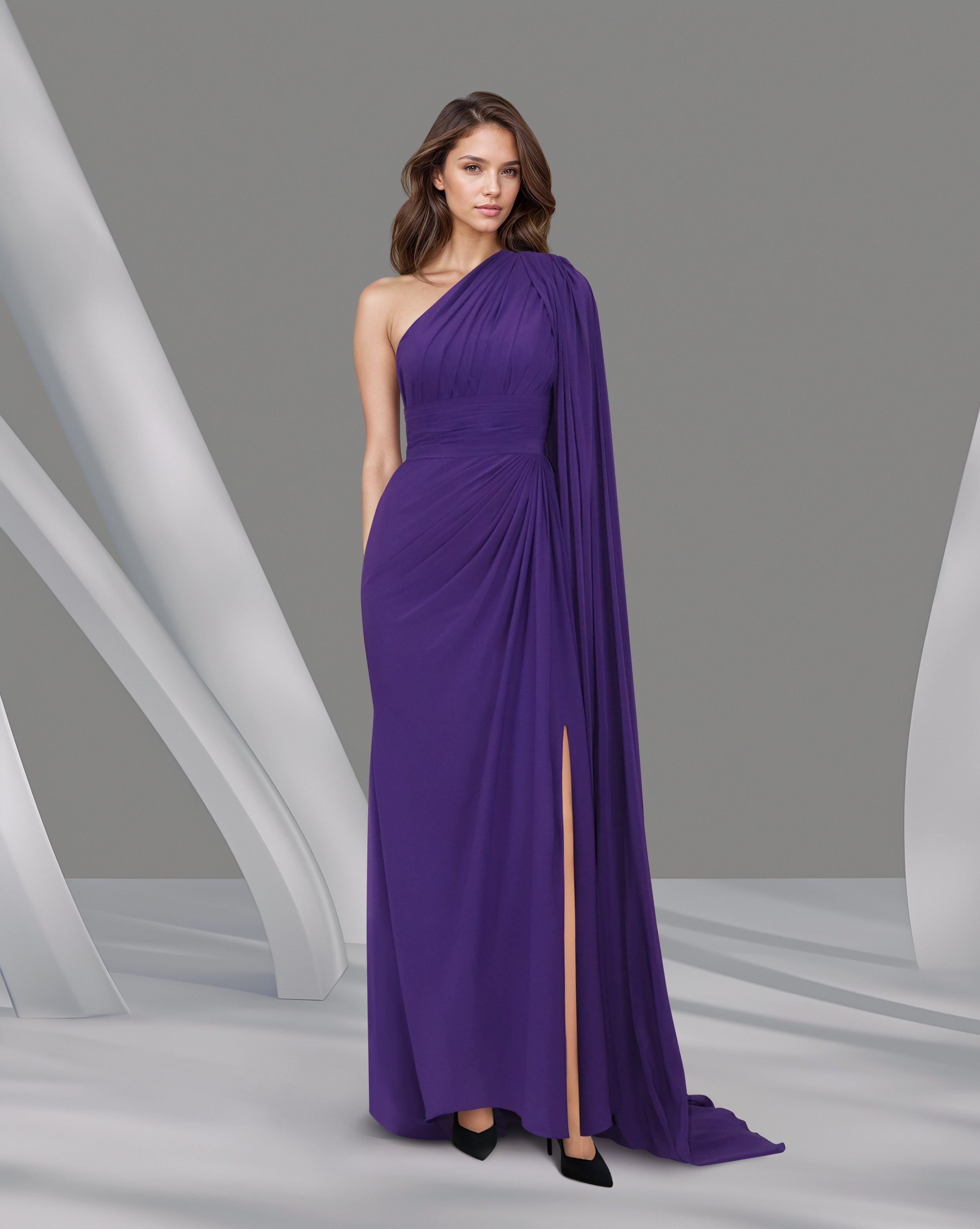 Shoulder off draped dress with long floor sleeve - VILLE