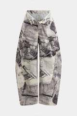 Abstract Print Buttoned Pocket Barrel Trousers