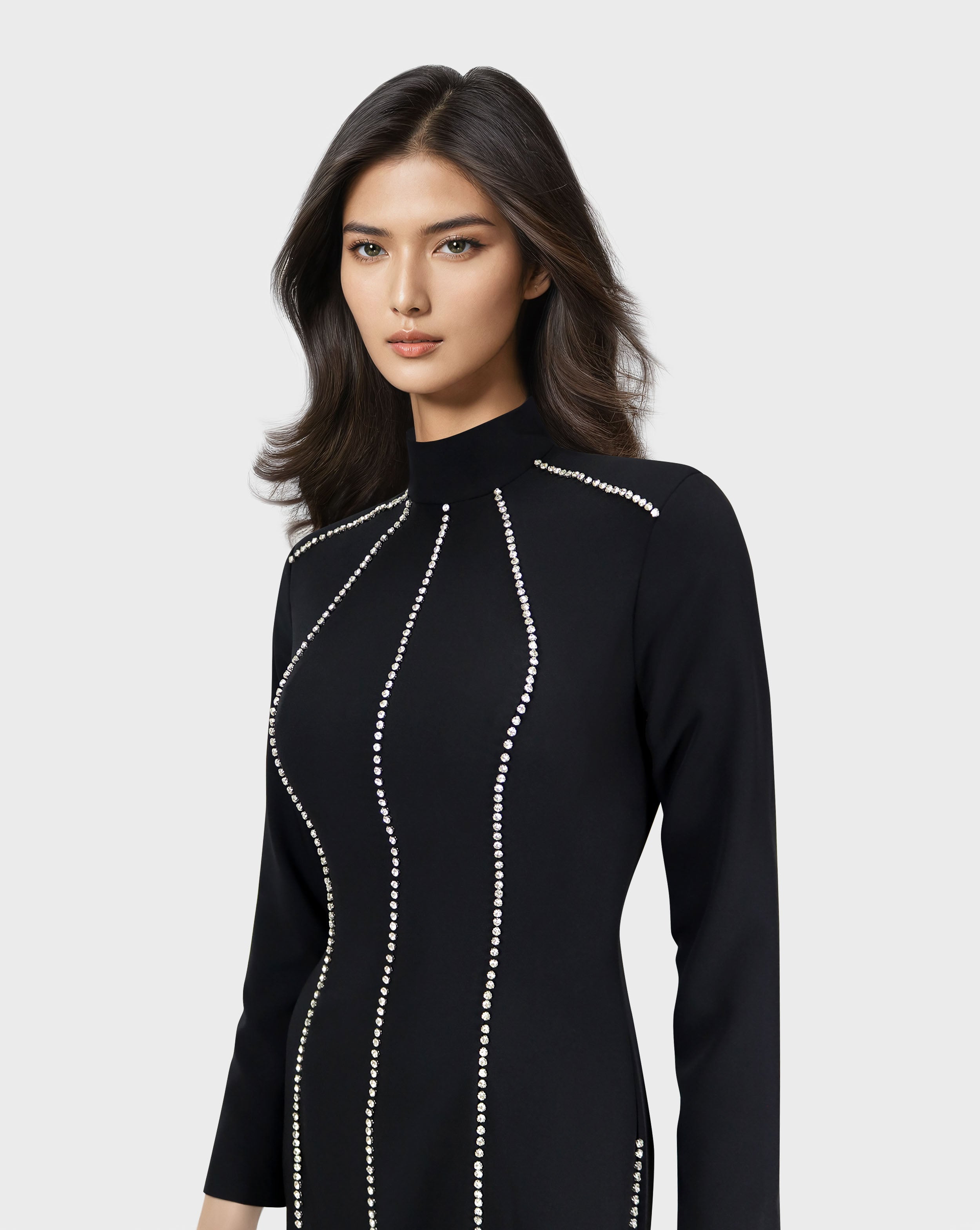 Long sleeve column dress with vertical beading-Ghadeer
