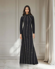 Long sleeve column dress with vertical beading-Ghadeer
