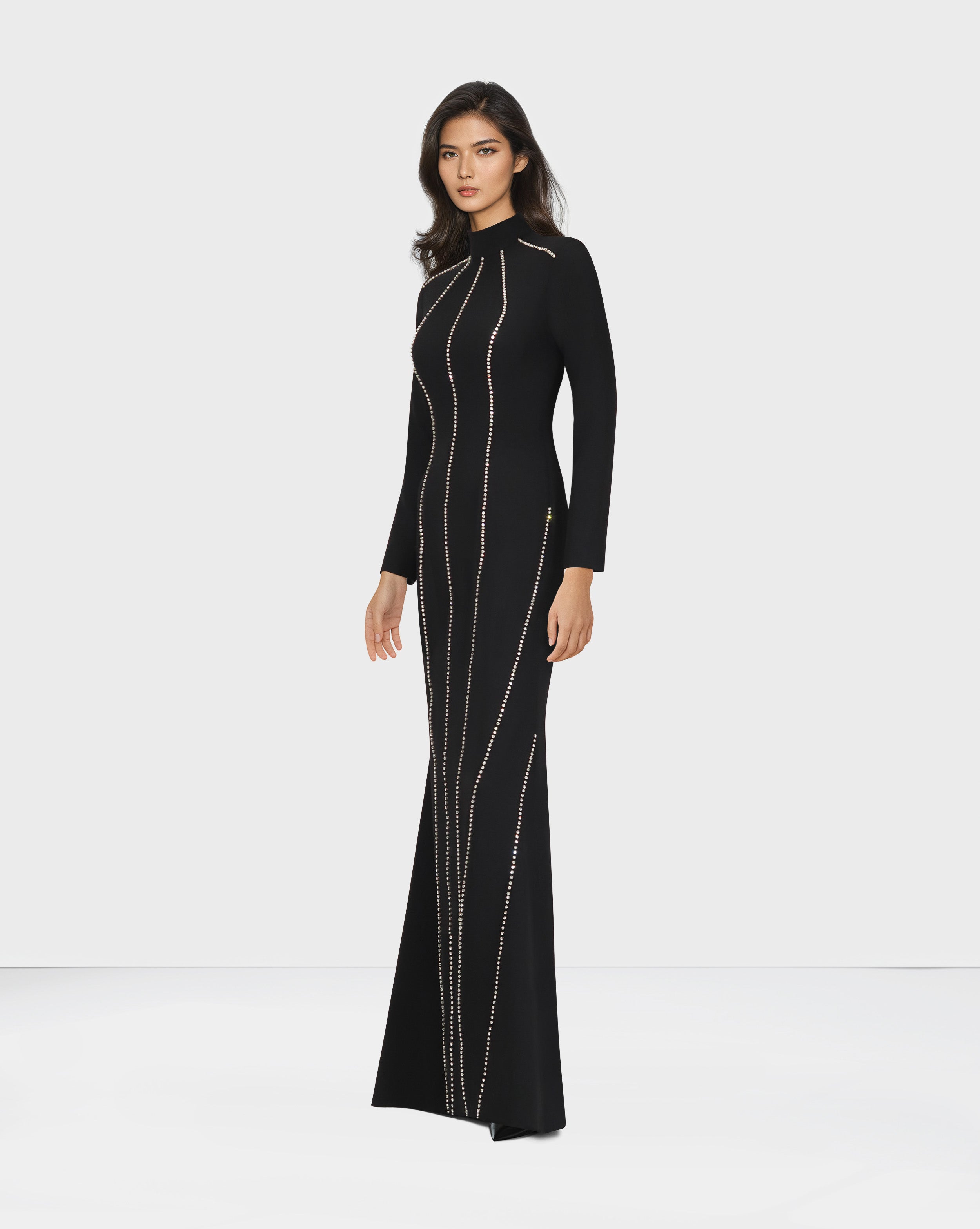Long sleeve column dress with vertical beading-Ghadeer