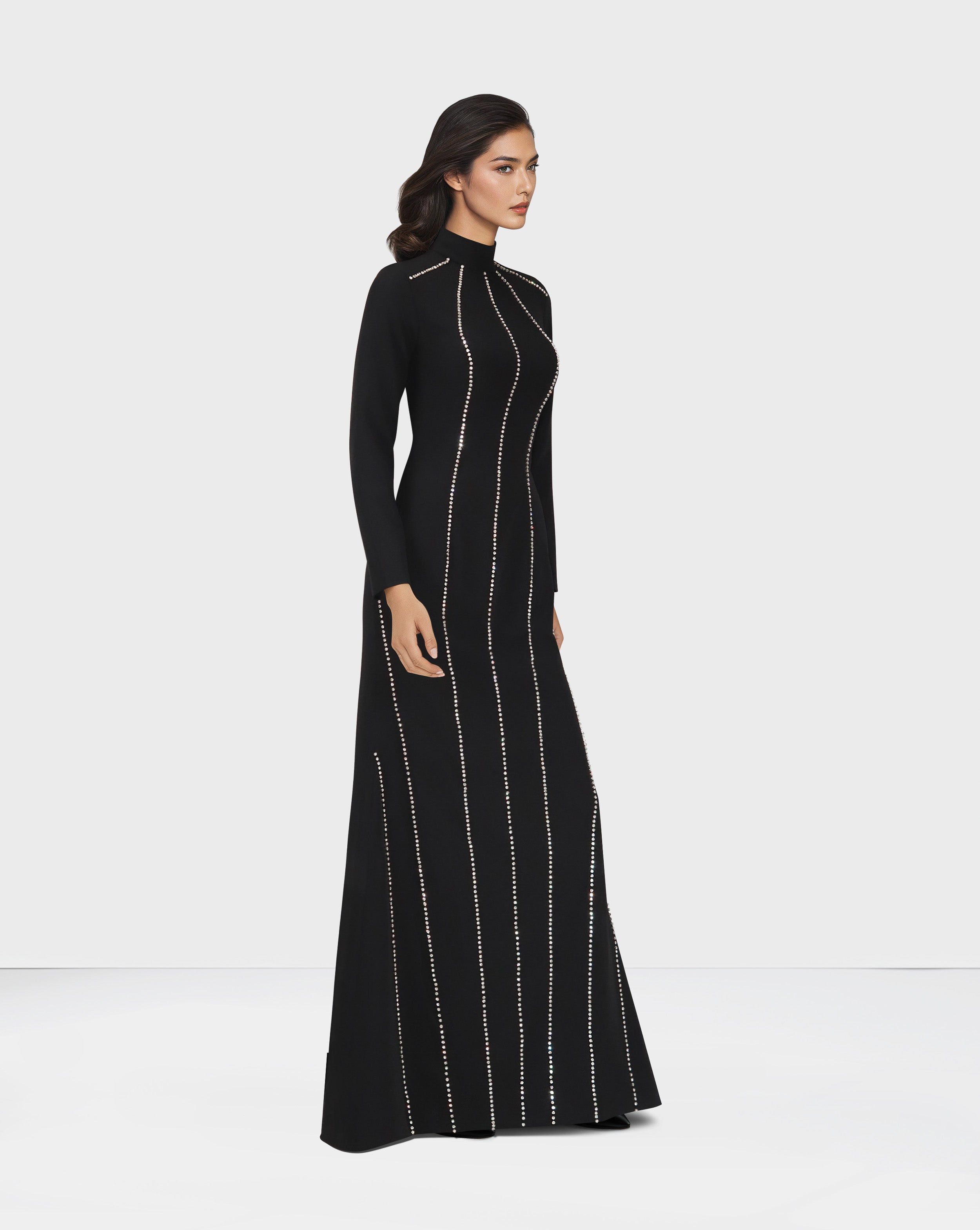 Long sleeve column dress with vertical beading-Ghadeer