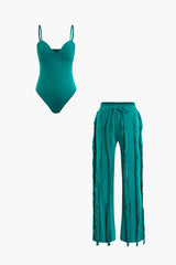 Bustier Slip Bodysuit And Fringe Tie Front Wide Leg Trousers Set