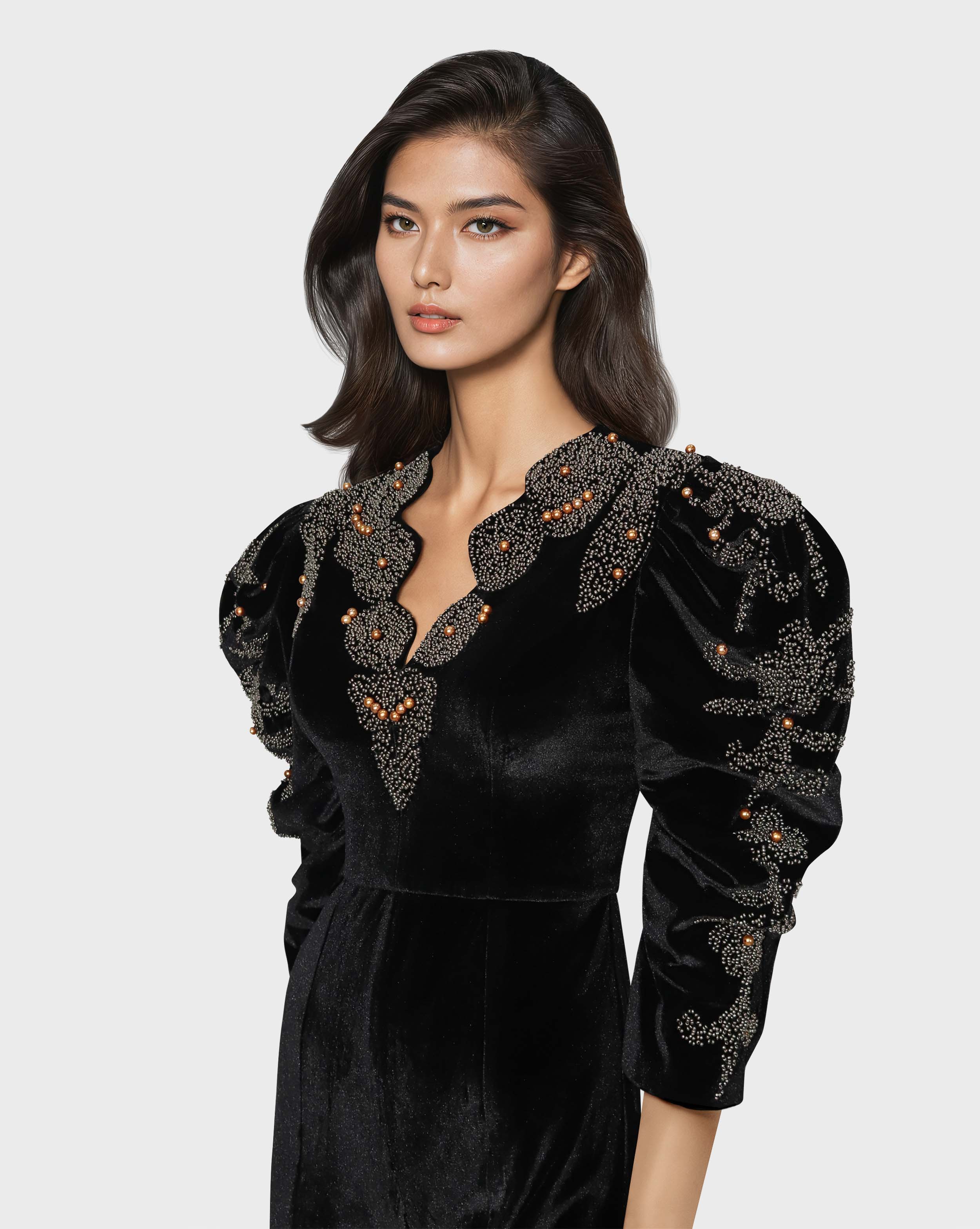 Beaded velvet jumpsuit with puffed sleeves-Morven