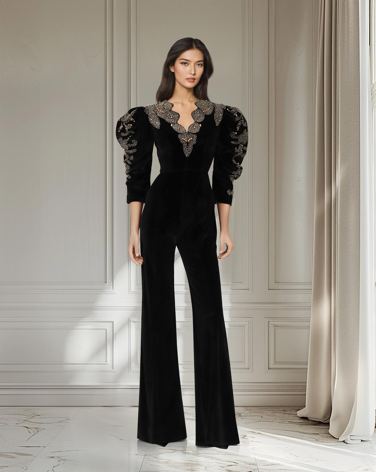 Beaded velvet jumpsuit with puffed sleeves-Morven